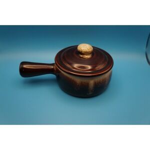 Vintage Brown Ceramic Ramekin Bowl with Lid Single Handle